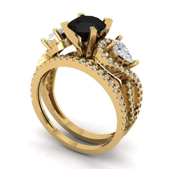 1.89 ct Brilliant Round Cut Natural Onyx 18K Yellow Gold Solitaire with Accents Engagement Bridal Wedding Ring Band Set size 3.5