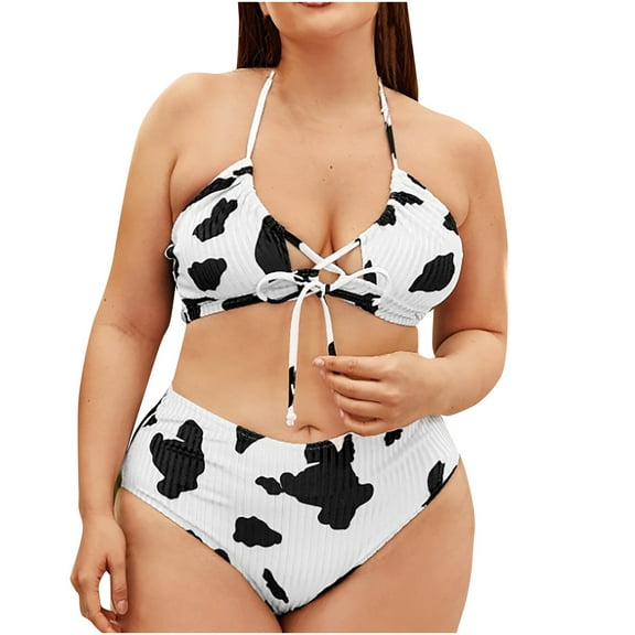 Luxalzxs Women's Bikini Swimsuits Plus Size Split Ruched Bathing Suit Swimwear Sexy Cow Print Bikini Sets