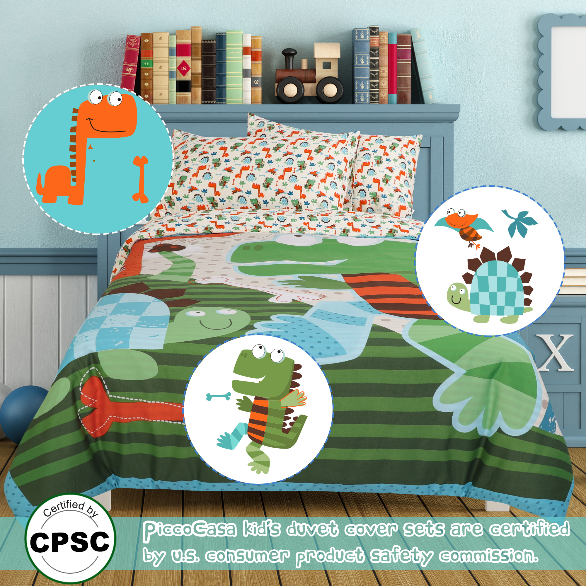 Unique Bargains 3 Piece Brushed Polyester Kids Duvet Cover Set Dinosaur Pattern Twin