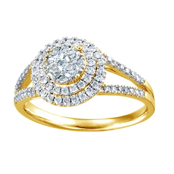 AFFY Round White Natural Diamond Double Halo Engagement Band Ring 14K Solid Yellow Gold (0.62 Ct)