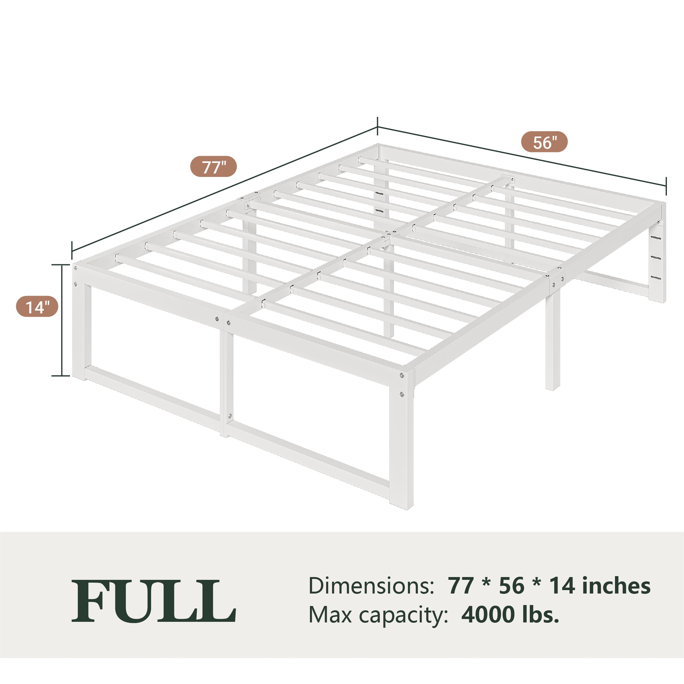 Amolife 14" Full Bed Frame Metal Platform Bed with Ample Storage Space Under Frame, Heavy Duty, White