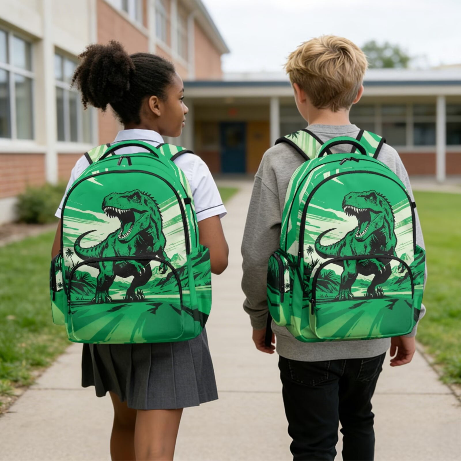 Yspwyqan 4 Piece Boys Green Dinosaur Backpack Set 17 Inch Large Capacity 600D Polyester Boys Back to School Bookbag Lunch Bag Pencil Case Water Bottle Bag for Elementary School