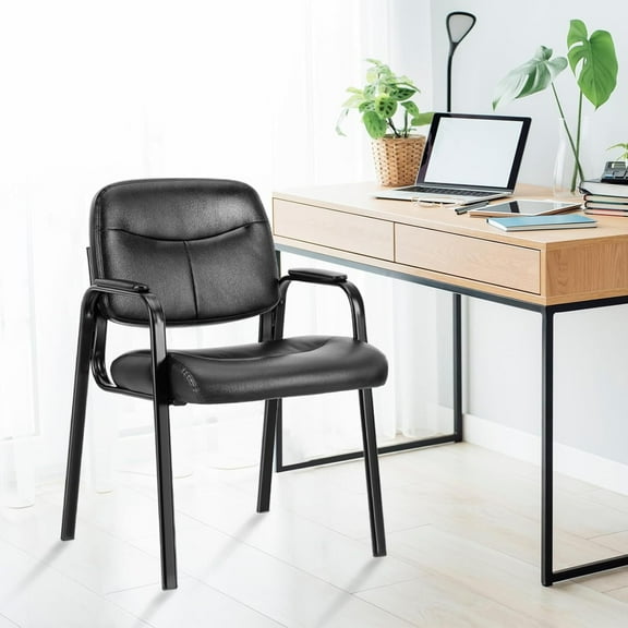 GHooa PU Leather Guest Reception Black Waiting Room Chair with Fixed Padded Armrest
