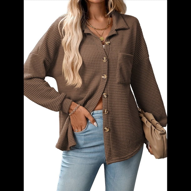 Camisas de Punto Gofre con Botones para Mujer, Chaqueta Informal de Larga, Blusas Estilo Boyfriend, Corte Holgado Color Café L