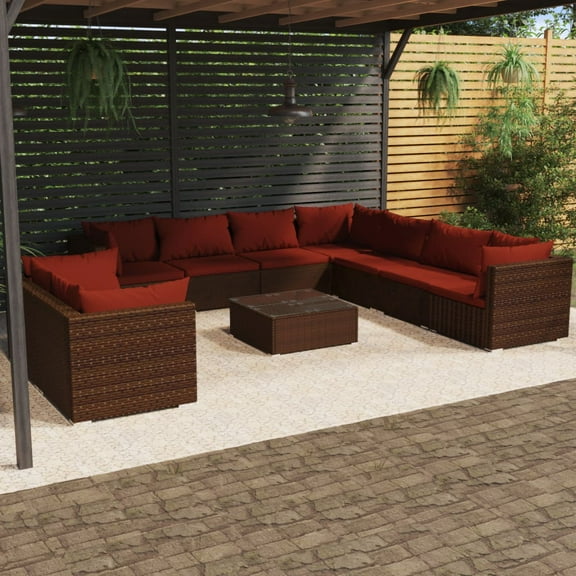 vidaXL 10 Piece Patio Lounge Set with Cushions Brown Poly Rattan, 3102507