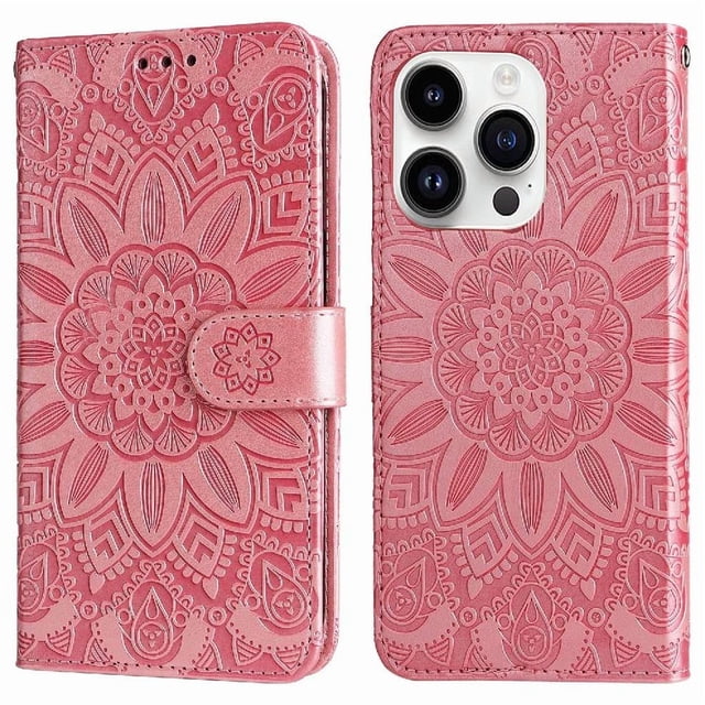 Funda tipo cartera GANGXUN para iPhone 15 Pro , diseño girasol, cuero PU, soporte, cierre magnético, tarjetero