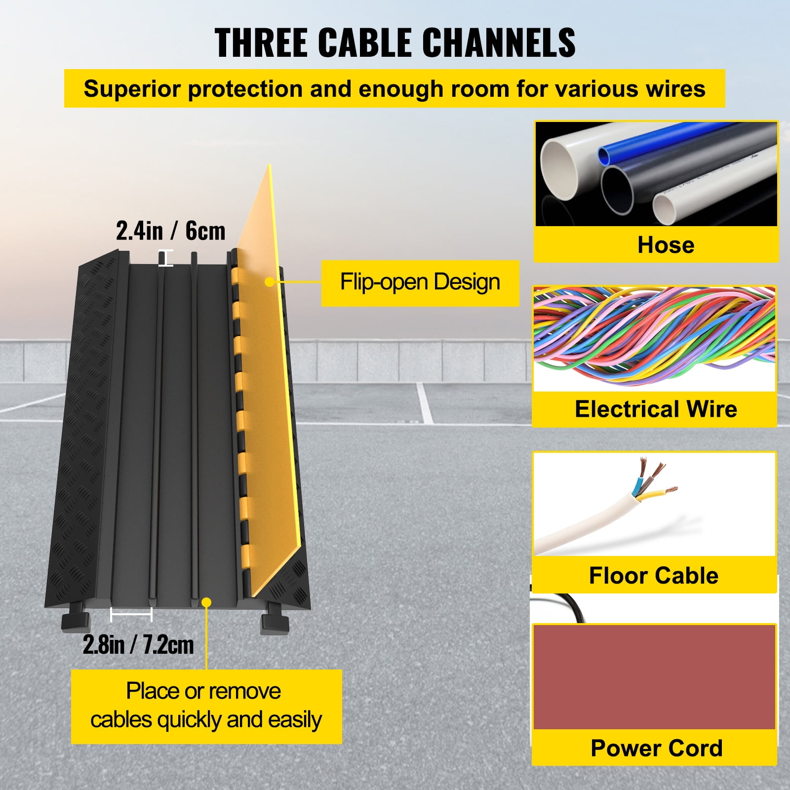 SKYSHALO 3-Channel Rubber Cable Protector Ramp 2 x 2.3 inch Channel Heavy Duty Cable Wire Cord Cover Ramp Speed Bump Driveway Hose Cable Ramp Protective Cover