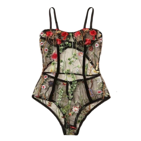 IMENGL Lingerie for Women Babydoll Hollow Bodysuit Floral Embroidered Backless Jumpsuit Sleepwear Charming Nightdress Women's Underwear,Black