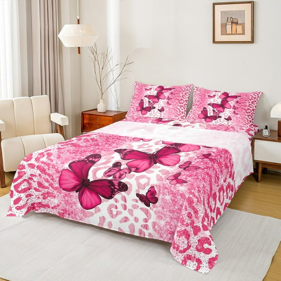 jejeloiu Pink Kawaii Butterflies Twin Sheet Sets,Leopard Pattern Twin Fitted Sheet,Cheetah Print Flat Sheet For Girls Kids,Breathable Home Decor,3-Piece