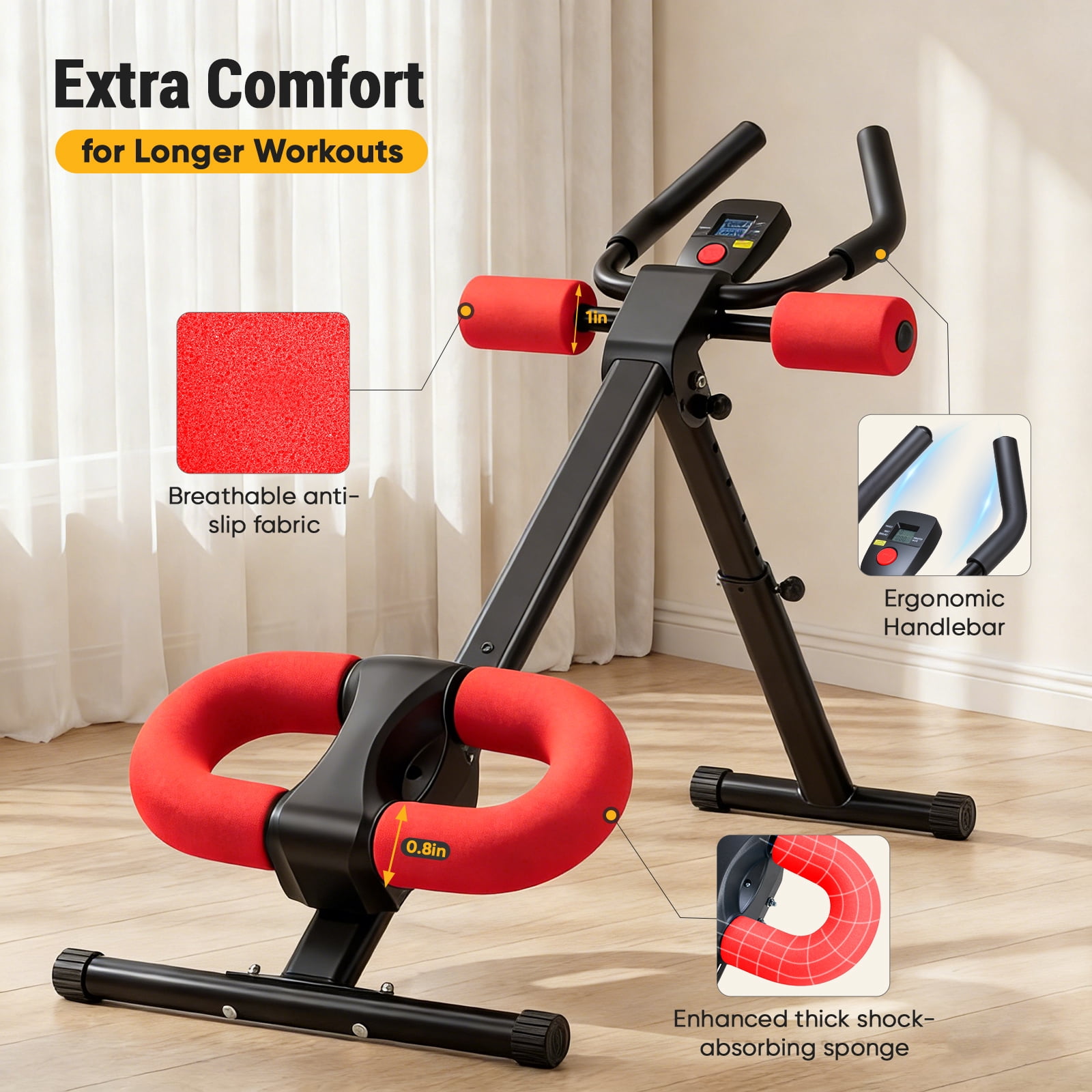 EDX Ab Machine for Home Gym, Adjustable Ab Workout Equipment with LCD Display, Foldable Core Trainer, 440 lbs Capacity, Red