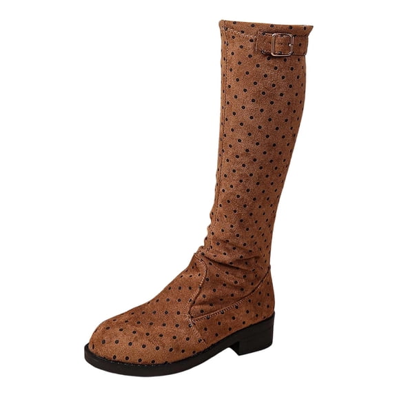 Polka Stretch Heel Knee High Boots Round Toe Mid Calf Long Footwear