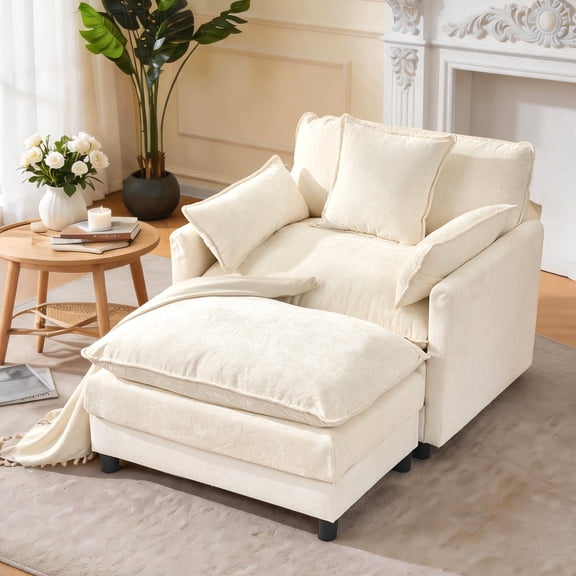 Accent Chair with Ottoman, Legahome 40"Wide Oversized Chenille Upholstered Lounge Chair, Comfy Reading Armchair with 3 Pillows, Barrel Chair Reading Chair for Living Room Bedroom, Beige