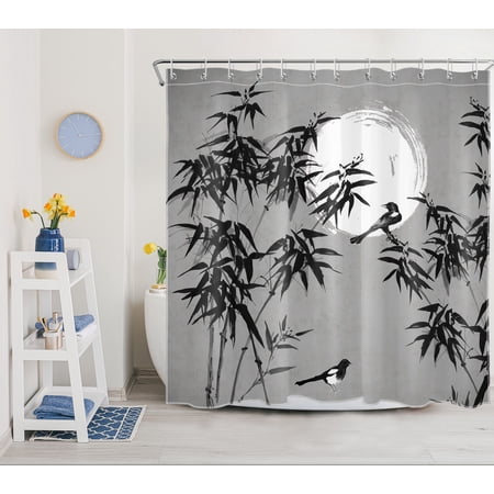 HVEST Bamboo Moon Shower Curtain,Watercolor Bamboo and Moon Bathroom Shower Curtain Black and White Polyester Fabric Decor Curtain with Hooks, 72X72 inch