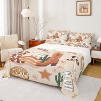 Homewish Retro Cowboy Boots Queen Sheet Sets,Rustic Cow Print Flat Sheet,Mushroom Cacrus Flower Pattern Queen Fitted Sheet For Teens,Super Cozy Room Decor,4pcs