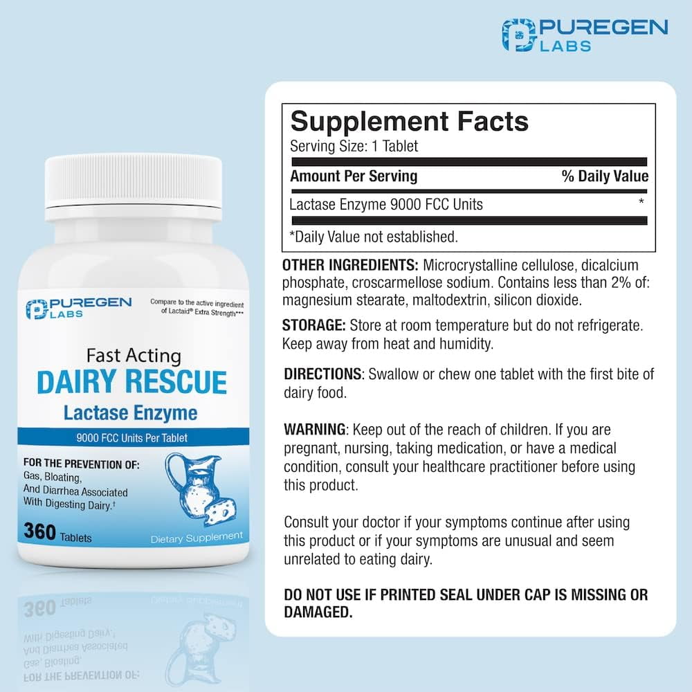Puregen Labs Dairy Rescue Lactase Enzyme Supplement 9000 FCC 360 Tablets