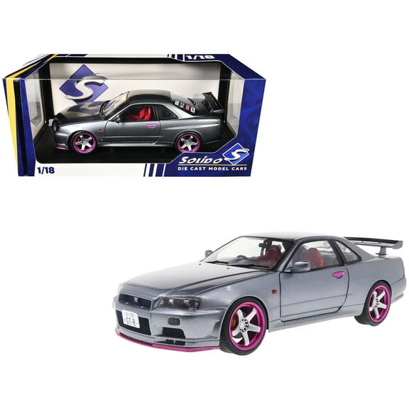 1999 Nissan Skyline GT-R (R34) RHD (Right Hand Drive) Silver Metallic with Purple Wheels 1/18 Diecast Model Car by Solido