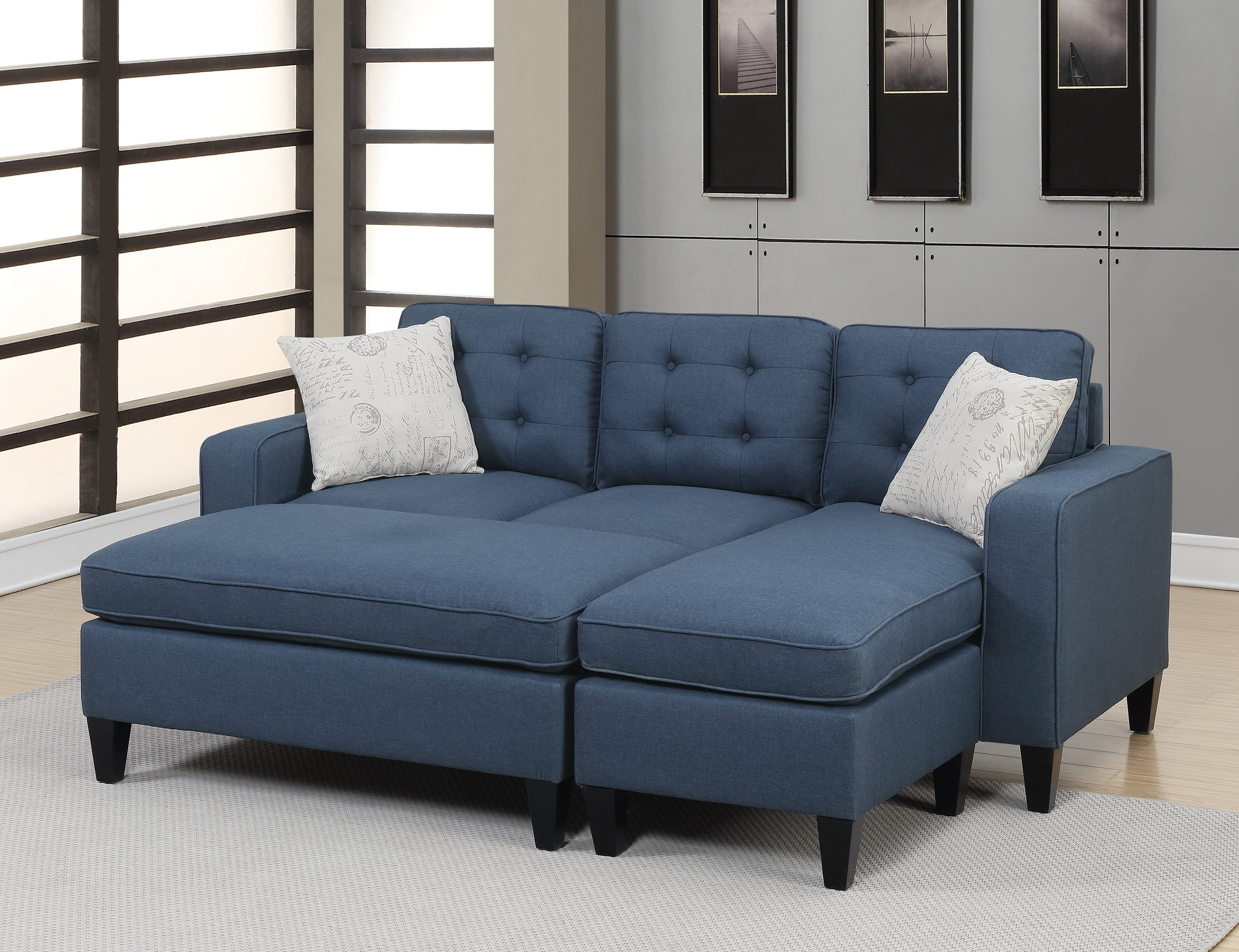 Reversible 3pc Sectional Sofa Set Navy Tufted Polyfiber Wood Legs