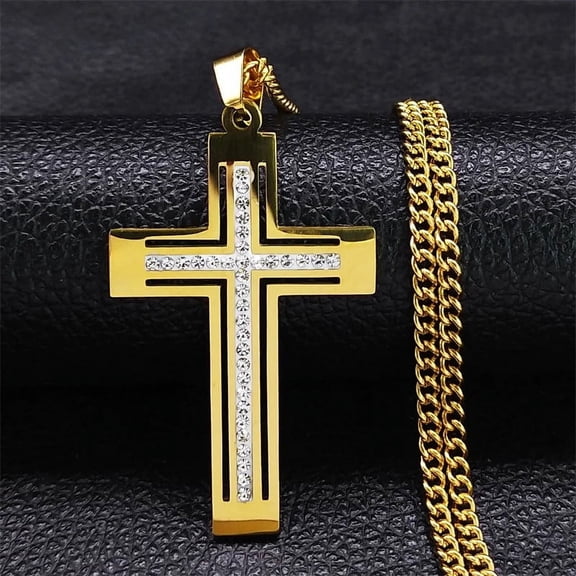 Hip Hop Crystal Cross Pendant Necklace Chain for Men 14K Yellow Gold Rhinestone Necklaces Punk Jewelry Gift Collar de Cruz