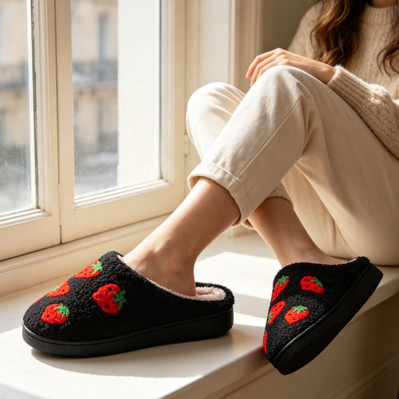 BERANMEY Cute Fruits Print Slippers for Women Soft Plush Comfy Warm Slip-On Couple CartoonWomens Slippers Indoor Fluffy House Slippers for Women and Men Non-slip Fuzzy Flat Slides