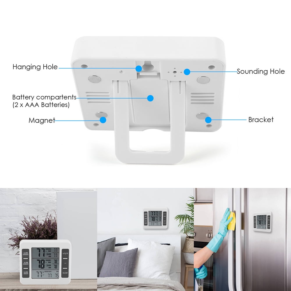 Wireless Digital Refrigerator Thermometer Audible Alarm Indoor Outdoor Thermometer with Sensor Freezer Thermometer Min/Max Temperature Record