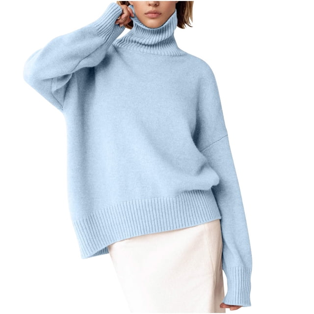 Atogsazn Women's Turtleneck Sweaters Casual Oversized Pullover Long Sleeve Sweater Solid Color Fall Winter Clothes Light Blue L Fashion