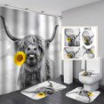 thumbnail image 1 of Ensemble de Rideaux de Douche 4 Pcs Highland Cow Tournesol avec Tapis Antidérapants, Housse de Couvercle de Toilette et Tapis, Rideau Animal Mignon Taureau Rustique Ferme HTOOQ en Polyester Imperméable, 72 x 72 Pouces, Gris, 1 of 7