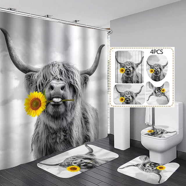 Ensemble de Rideaux de Douche 4 Pcs Highland Cow Tournesol avec Tapis Antidérapants, Housse de Couvercle de Toilette et Tapis, Rideau Animal Mignon Taureau Rustique Ferme HTOOQ en Polyester Imperméable, 72 x 72 Pouces, Gris