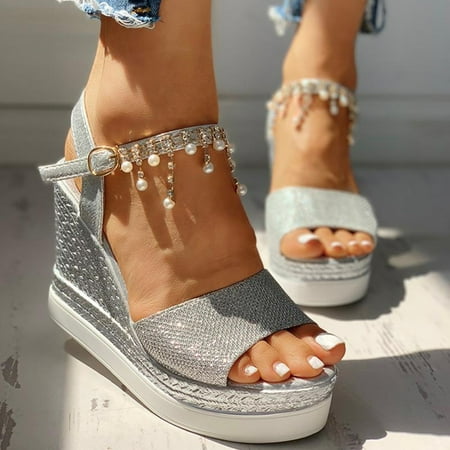 Women Women Ladies Fashion Wedges Platforms Crystal Pearl High Heels Shoes Sandals Womens Sandals Pu Silver 37