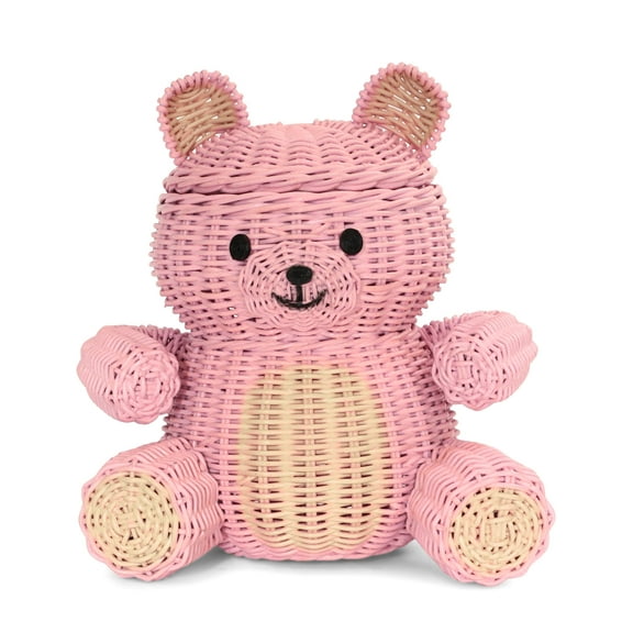 Pink Bear Rattan Storage Basket with Lid Decorative Home Decor Hand Woven Shelf Organizer Cute Handmade Handcrafted Gift Art Decoration Artwork Wicker