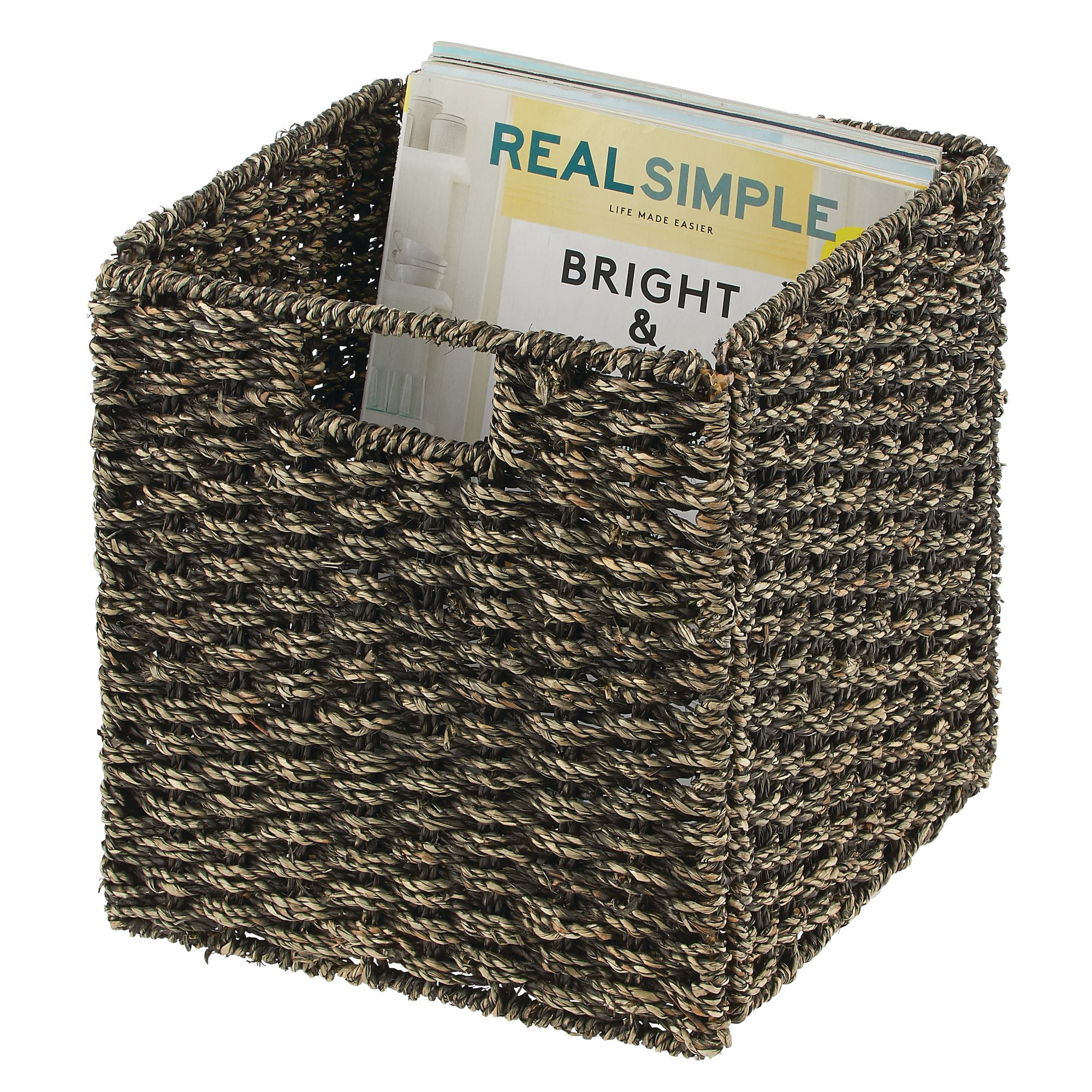 Seagrass Woven Cube Bin Basket Organizer with Handles for Bedroom, Home Office, Bathroom, Shelf and Cubby Organization