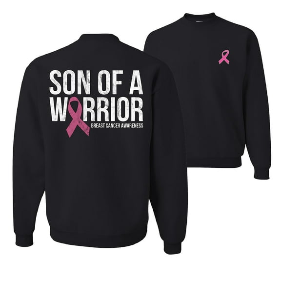 Wild Bobby Son of A Warrior Breast Cancer Ribbon Breast Cancer Awareness Front and Back Unisex Crewneck Sweatshirt, Black, Small