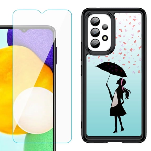 Shockproof Bumper (Black Frame) phone Case for Samsung Galaxy A23 5G, with Tempered Glass Screen Protector, by OneToughShield ® - Rain/Hearts