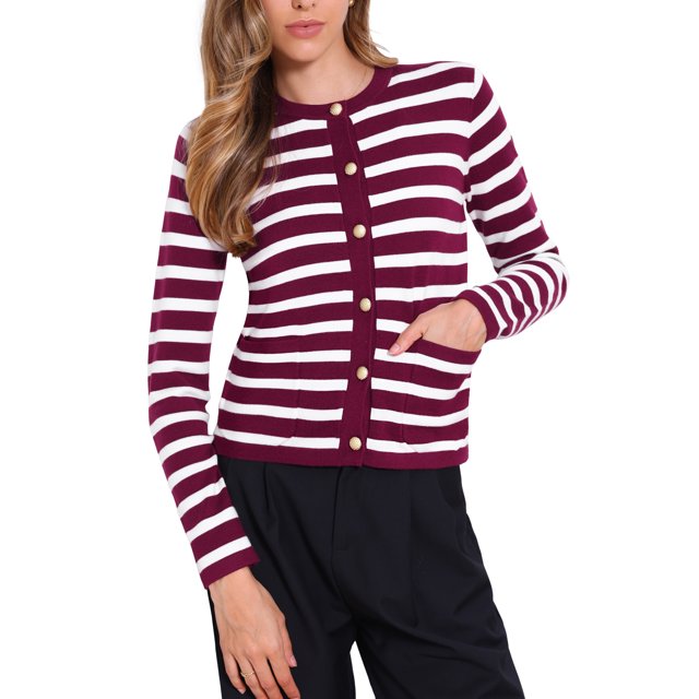 SUÉTER DE CÁRDIGAN A RAYAS CHIC INSPIRADOR PARA MUJERES, CUELLO REDONDO, BLOQUE DE COLOR, BOTONES EN LA PARTE DELANTERA, TAMAÑO XL, ROJO Y BLANCO