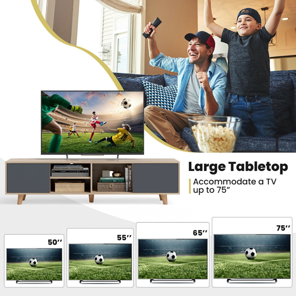 Finihen TV Stand, TV Cabinet, 63 Inch TV Stand with 2 Doors and Open Shelves, for Living Room, Bedroom, Sanremo Oak & Dark Grey