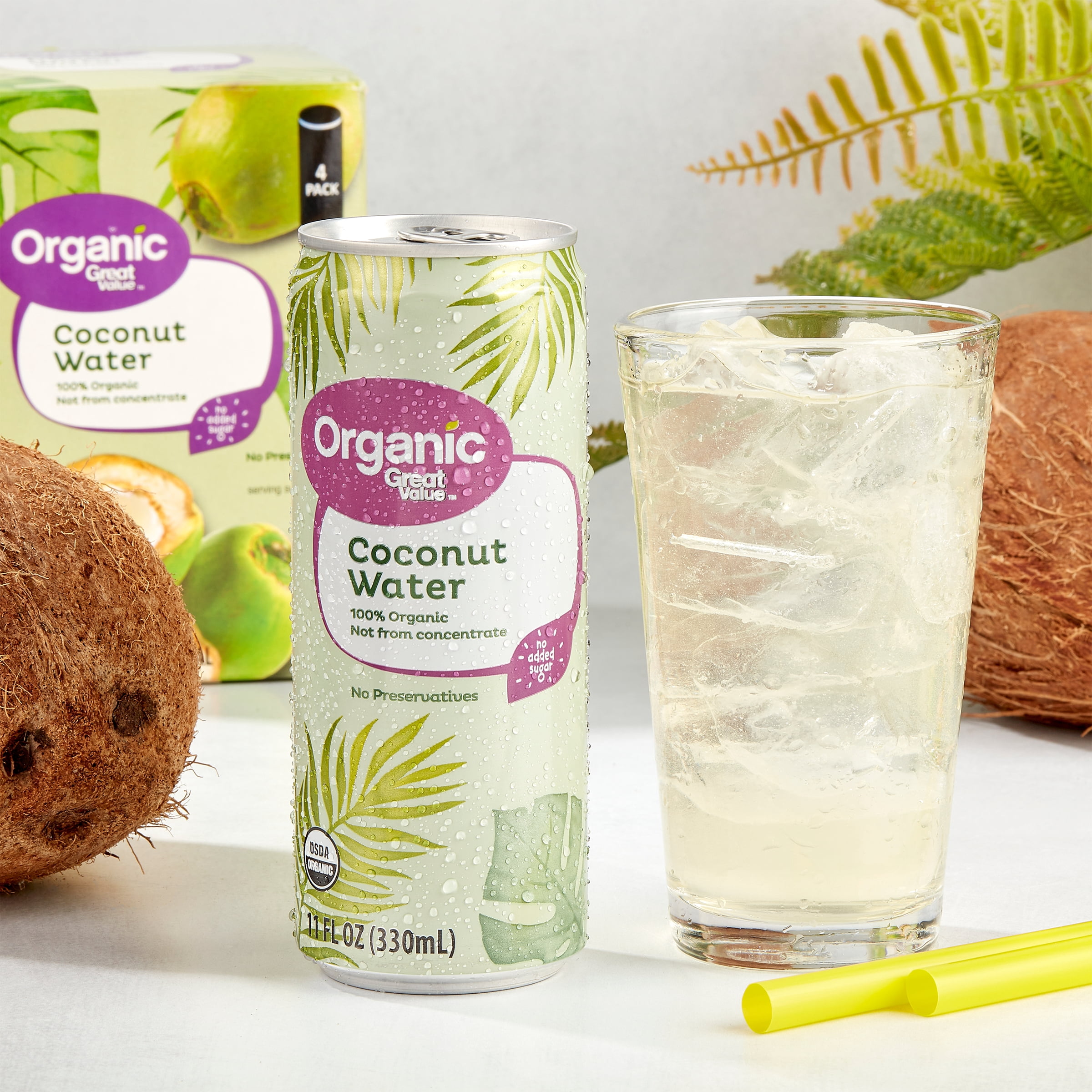 Great Value Organic Coconut Water, 11 fl oz, 4 Count