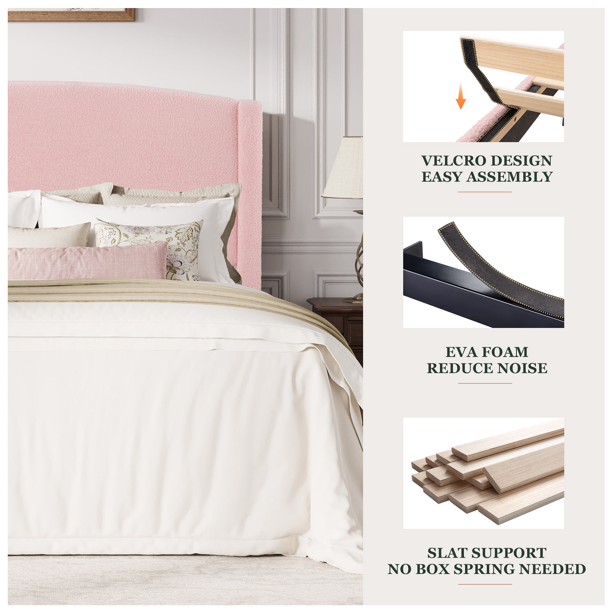 Amolife Full Bed Frame, Platform Upholstered Bed with Soft Teddy Fabric Curved Headboard, Pink