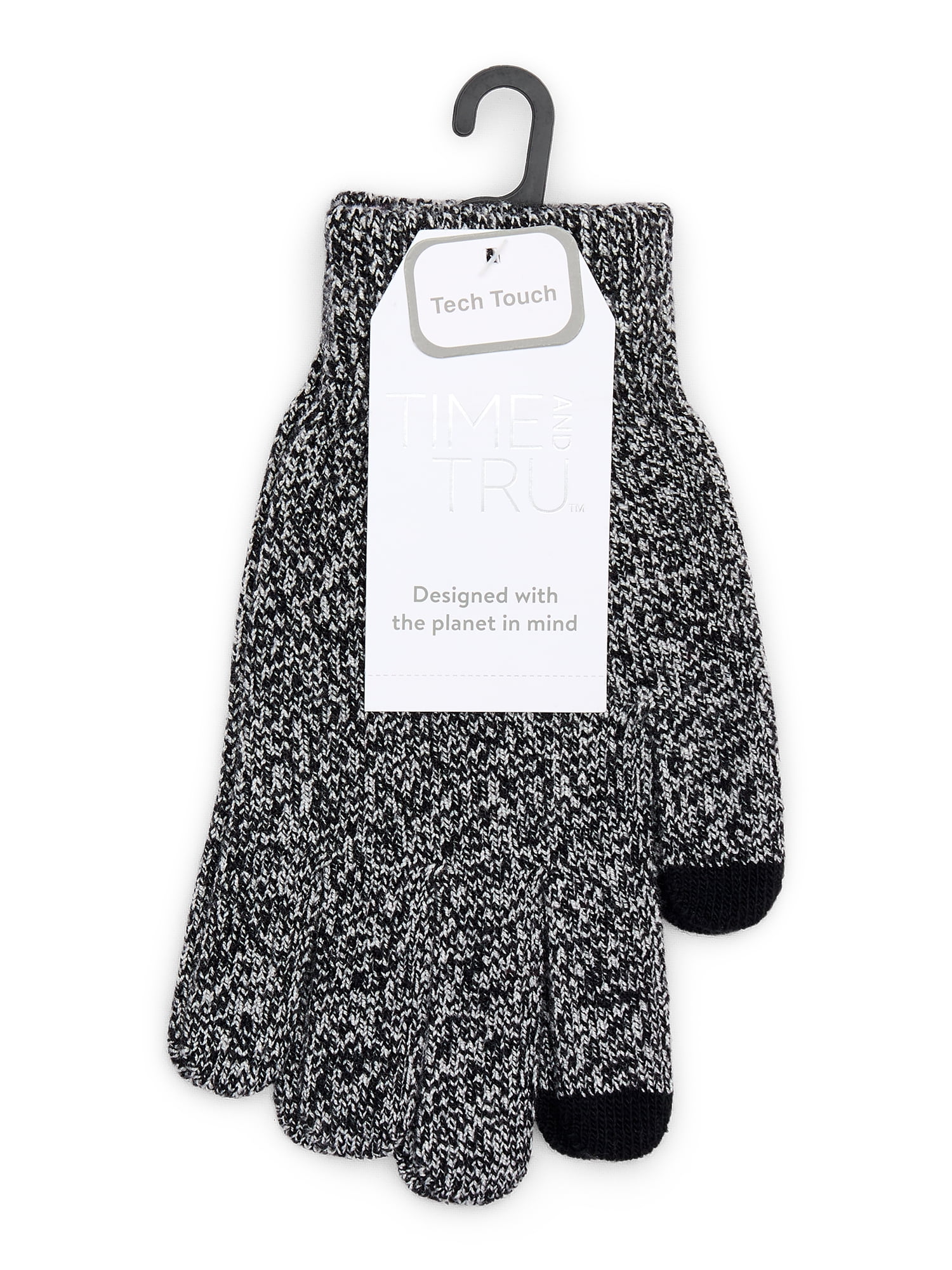 Time and Tru Women's Tech Touch Knit Gloves, One Size Fits Most, Black Soot and Winter White