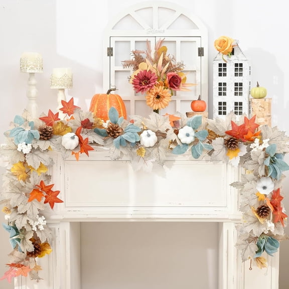 Guvpev Fall Decor, Fall Garland, 6FT Autumn Maple Leaves Pumpkin Garland, Thanksgiving Halloween Harvest Decorations for Home Indoor Outdoor Mantel Table Fireplace Farmhouse Stair Porch