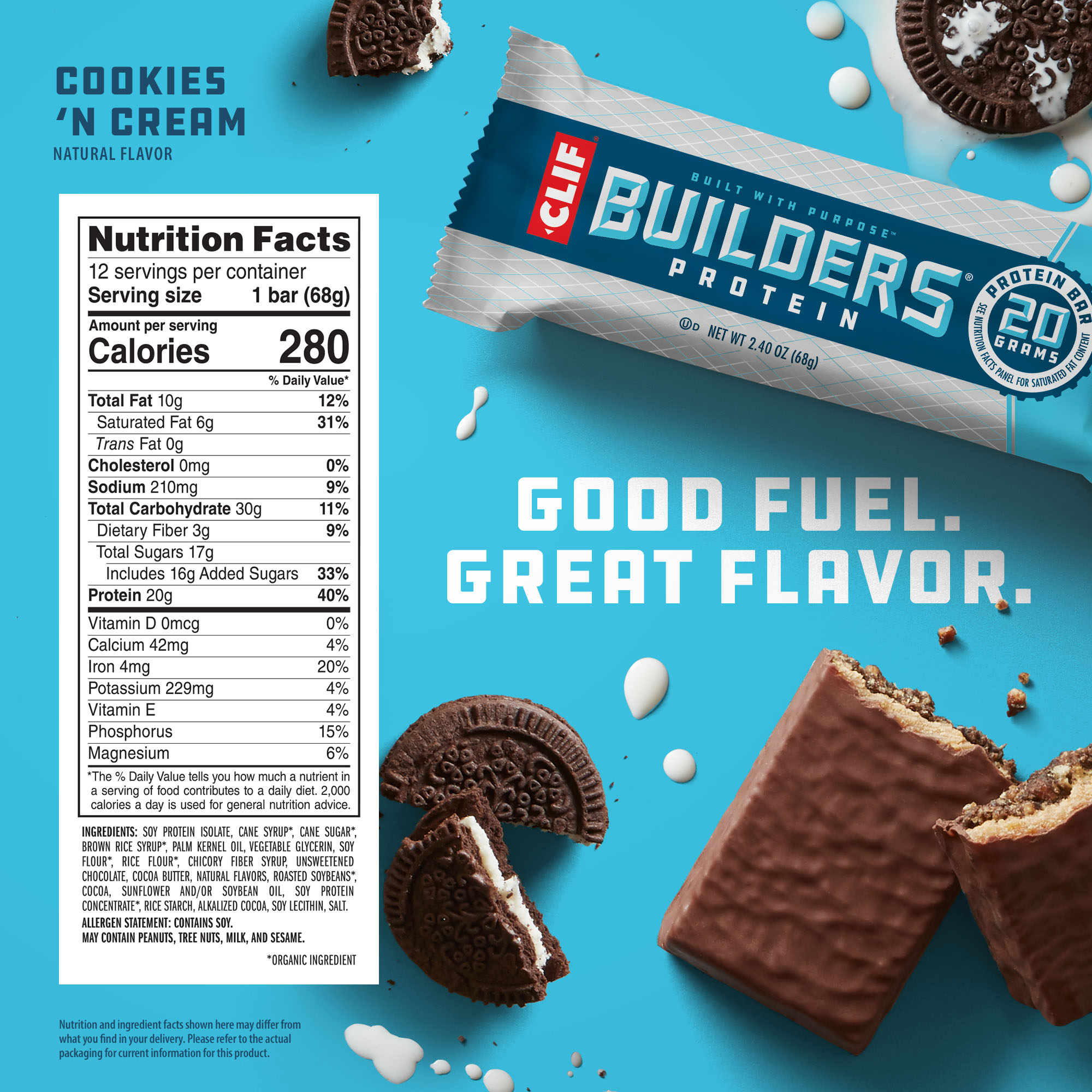 Bars　Clif　Flavor　(12　'n　Cookies　Gluten-Free　Cream　oz.　Protein　Builders　2.4　20g　Count)