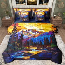 Homewish Modern Aesthetic Art 7pcs Bedding Comforter Set,Glass Mountain Pine Queen Bedding Sets,Chic Natural Landscape Queen Sheet Sets For Men Women,Microfiber Bedroom Decor Reversible