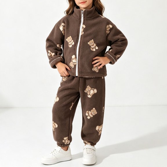 ITSAME Girls 2-Piece Outfit Fleece Zip Up Jacket and Jogger Pants Fashion Print Winter Warm Loungewear Set Brown Size 8