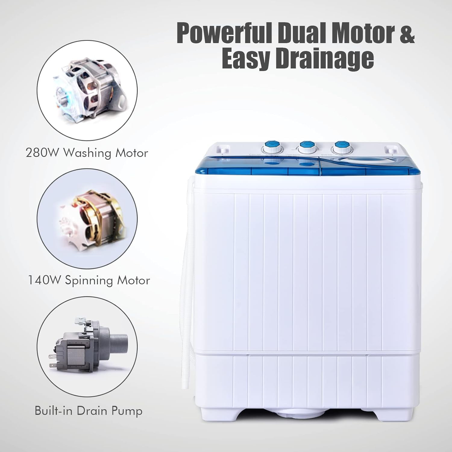 Portable Twin Tub Washing Machine with 26lbs Total Capacity, 18lbs Washer & 8lbs Spinner Combo, Built-in Drain Pump & Timer Knobs for Home Dorm Apartment Use