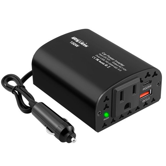 Bapdas 150W Car Power Inverter DC 12V to 110V AC Car Plug Outlet Adapter with PD 25W USB C & QC3.0 Car Laptop Charger-Black
