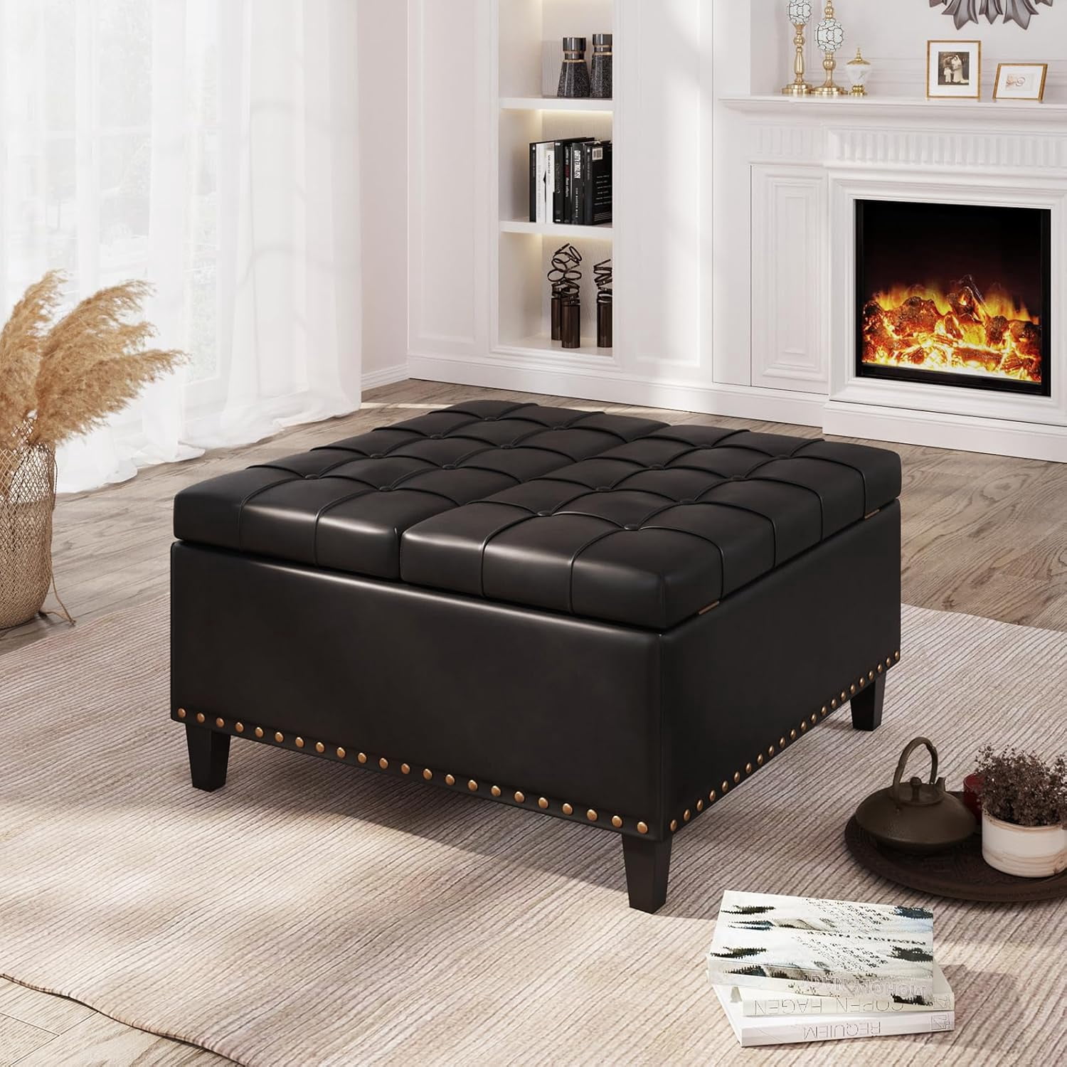 VEANERWOOD Modern Leather Storage Ottoman Bench with Button-Tufted for Entryway, Coffee Tables with Nail Trims for Living Room Bed Room Apartment