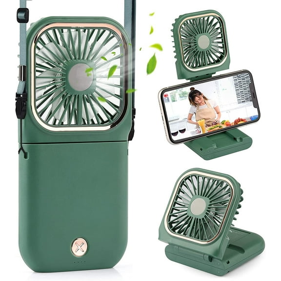 LNKOO 5 IN 1 Small Fan(Desk Fan, Neck Fan, Handheld Fan, Phone Holder, Power Bank), Mini Rechargeable USB Fan for Travel, Outdoors, Hiking, Camping, Kitchen(Green)