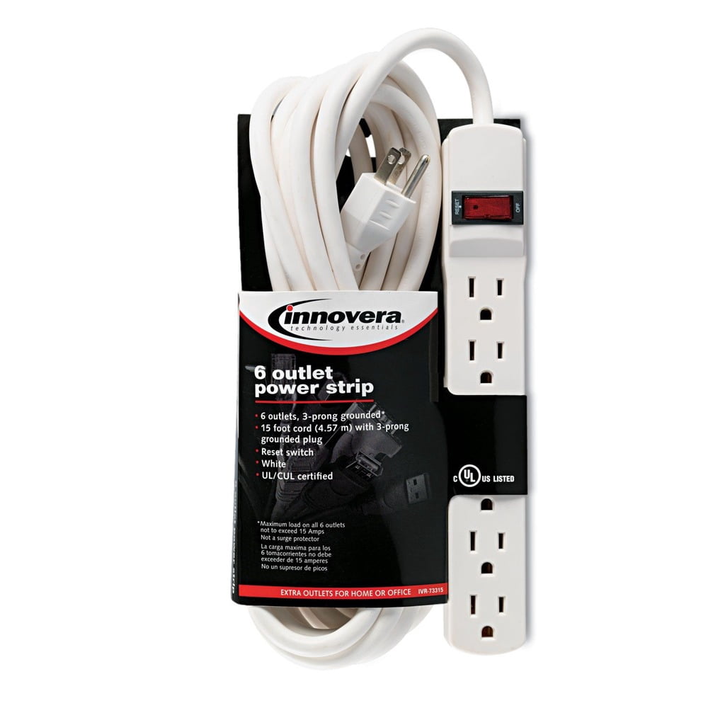 Innovera Six-Outlet Power Strip, 15-Foot Cord, 1-15/16 x 10-3/16 x 1-3/16, Ivory