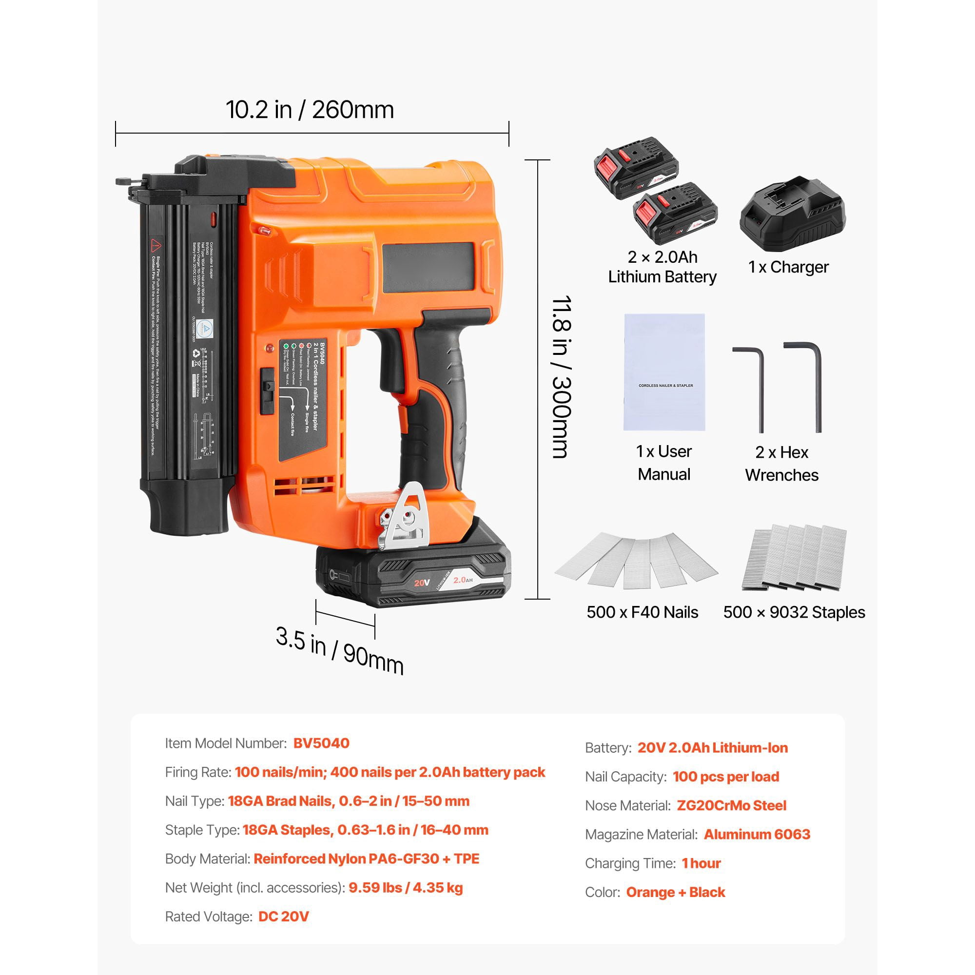 Dranite 2-in-1 Cordless Brad Nailer & Staple Gun, 18 Gauge, 20V with 2 Batteries & Charger, Includes 500 Nails and 500 Staples for Woodworking and Home DIY Projects