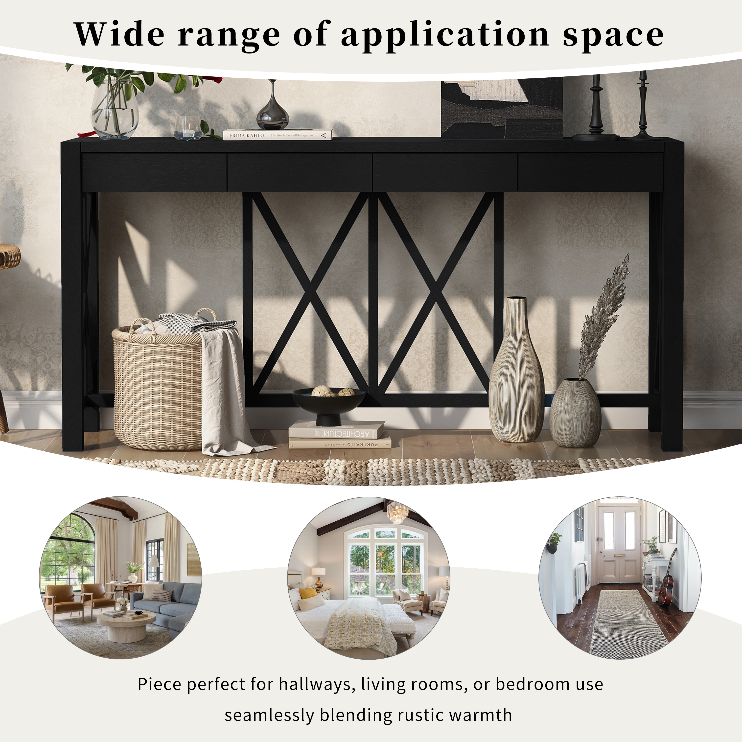 Euroco 60" Wood Console Table with 4 Drawers,Farmhouse Narrow Long Entryway Table Sofa Table with Open Bottom Storage for Living Room,Kitchen,Hallway,Black