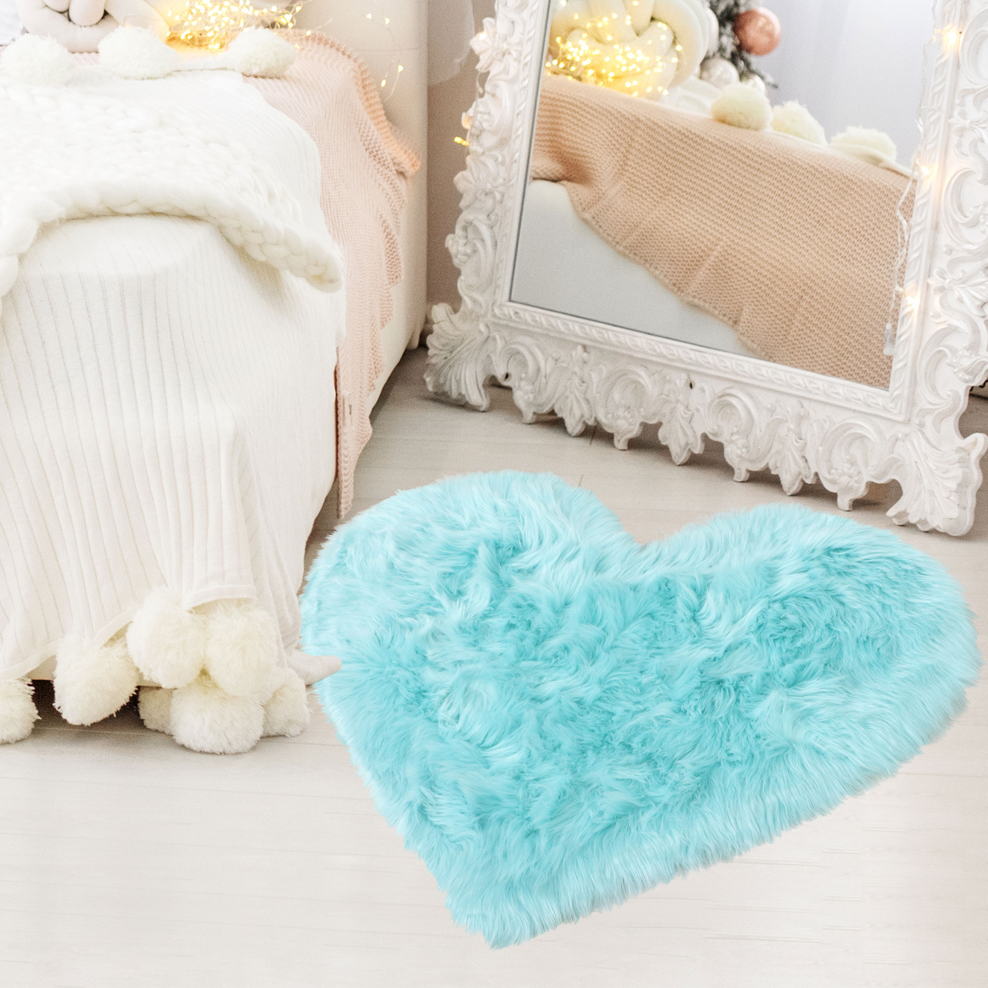 Unique Bargains Heart Shaped Faux Fur Shag Area Rug 2.3Ft x 3Ft Light Blue