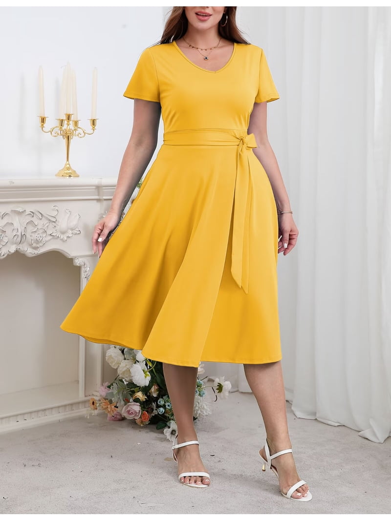 Folunsi Women's Plus Size Dresses Casual V-Neck Midi Dress Wedding Guest Dress with Pockets Yellow-5XL Folunsi Women's Plus Size Dresses Casual V-Neck Midi Dress Wedding Guest Dress with Pockets Yellow-5XL